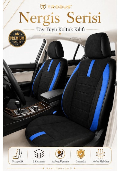 Audi A5 Quattro 2015 2016 2017 2018 2019 Ve Sonrası Uyumlu Mavi Nergis Serisi Ortopedik Tay Tüyü Koltuk Kılıfı Mavi