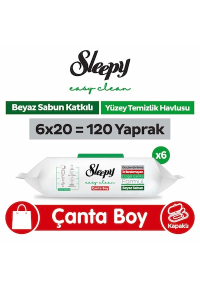 Sleepy Easy Clean Beyaz Sabun Katkılı Yüzey Temizlik Havlusu Çanta Boy 6x20 120 Yaprak Beyaz