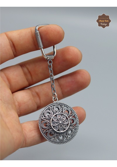 Çiçekli Ay Yıldız Model 925 Ayar Gümüş Oksitli Telkari Anahtarlık 201025161 Gümüş