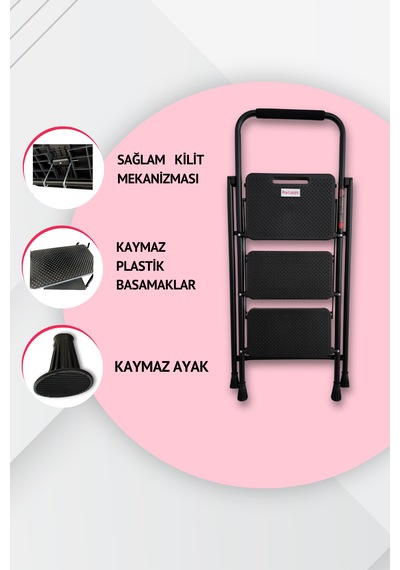 Portalife 3 Basamaklı Uzun Tutacaklı Şık Siyah Çelik Merdiven 3 Basamak