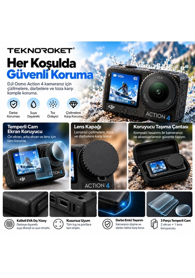 Djı Osmo Action 4 Uyumlu Tam Koruma Seti Taşıma Çantası, Ekran Koruyucu Ve Lens Kapağı Teknoroket Guardkit Siyah