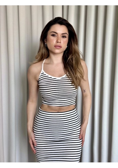 Kazax Çizgili Etek Crop Takım Beyaz