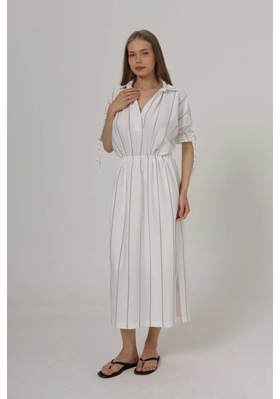 Defymoda Beli Lastikli Elbise - Beyaz Beyaz