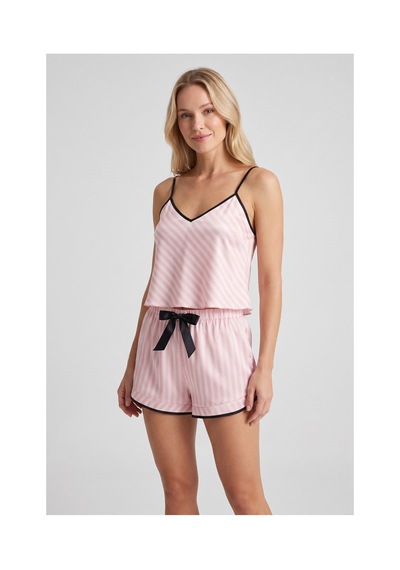 Laperissa Pudra Çizgili Biye Ve Kurdele/fiyonk Detaylı Saten Şortlu Dokuma Pijama Takımı Pembe