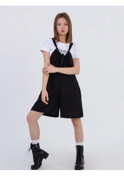 Zekids Kız Çocuk Askılı Kısa Tshirt İle Takım Keten Tulum-13784 Siyah