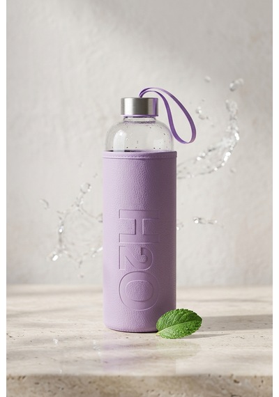 H2o Sağlıklı Cam Matara 1000 Ml Su Şişesi, Deri Kılıflı 1 Lt Sporcu Suluğu Mor