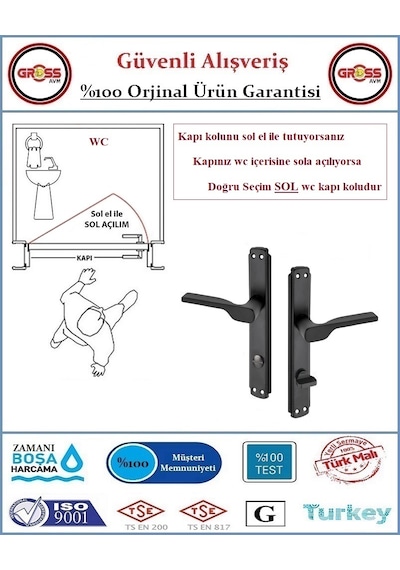 Lüx 2019 Mat Siyah Wc Banyo Kapı Kolu - 1 Takım Ön Ve Arka - Sol