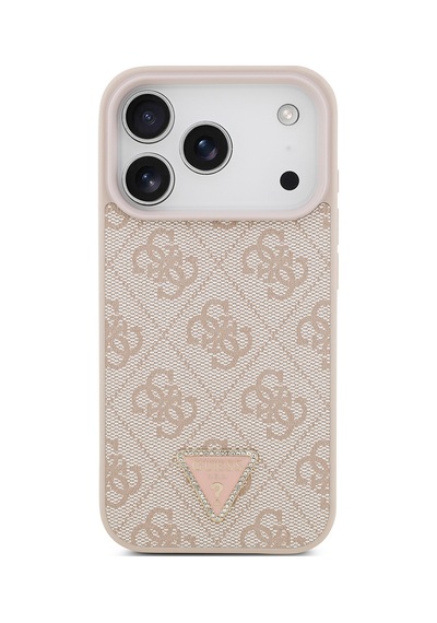 Apple iPhone Uyumlu 18 Pro Kılıf Guess Lisanslı M-safeli Pu Deri Taşlı Üçgen Logo 4g Desenli Strass Kapak Pembe