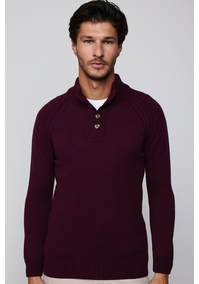 Tudors Erkek Slim Fit Dar Kesim Dik Yaka Düğmeli Bordo Triko Triko Kazak-29592-bordo Bordo
