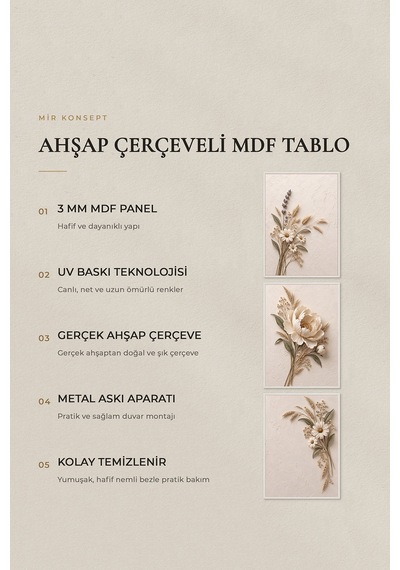 Beyaz Çerçeveli Ivory Meadow Peony 3 Lü Ahşap Çerçeveli Mdf Tablo Seti Şakayık, Lavanta Ve Papatya Kuru Çiçek Temalı Kabartma Görünümlü Renk: Beyaz