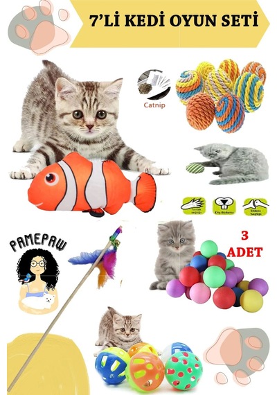 7'li Set :kedi Nanesi Kokulu Peluş Balık Oyuncak , Sarma Top , Olta , 3'lü Mini Top , Çıngıraklı Top