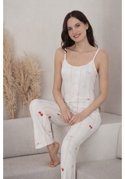 Pemilo Kadın 2028-3 Likralı Askılı Pijama Takımı Ekru