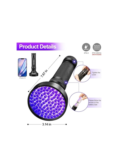 Valkyrie 100 Led 395nm Mor Işık Uv El Feneri - Ultraviyole Siyah Fener - Ev Otel Evcil Hayvan Para Siyah