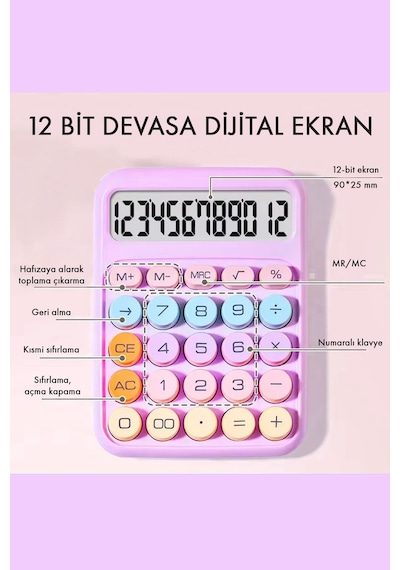 Pinterest Renkli Hesap Makinesi 12 Haneli Yuvarlak Tuşlu Şirin Hesap Makinesi - 4 Fonksiyonlu Çok Renkli