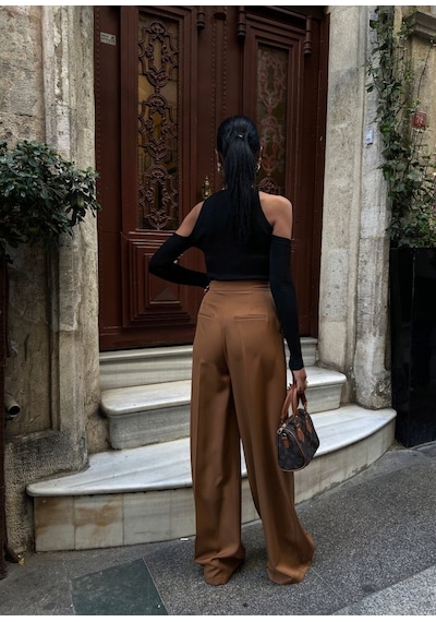 Hazego Üç Düğme Detayli Palazzo Pantolon Kahve