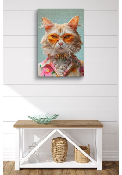 Modernist Kıyafet Giymiş Kedi Yağlı Kanvas Tablo