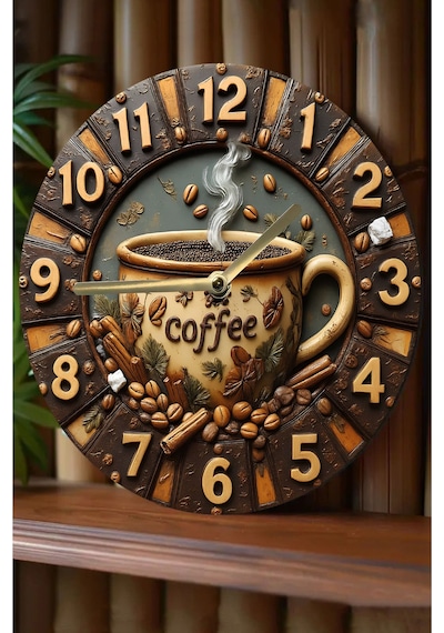 Coffee Time Kahve Temalı Mdf Duvar Saati 3d Görünümlü Sessiz Mekanizma Sdw223 Renkli
