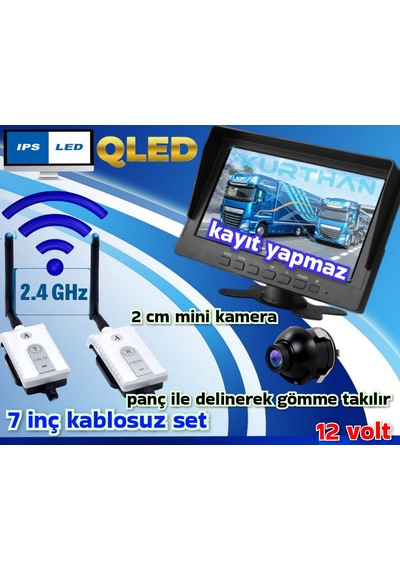 Kablosuz 7 İnç Monitör 19 Mm Ultra Mini Araç Görüş Kamerası 12 V Kayıt Yapmaz