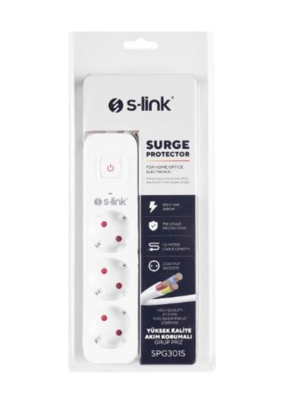 S-link Spg301s 1.5m 3x1.5mm 100 Yüzde Bakır 750 Joule 3 Lü Anahtarlı Akım Korumalı Priz