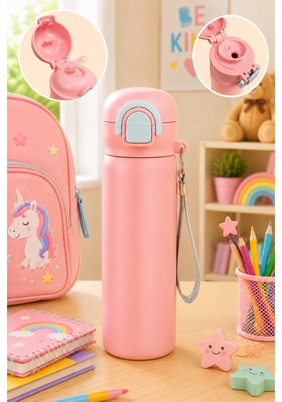 Paslanmaz Çelik Gövde Suluk & Matara 600 Ml Çift Kullanım Pipetli & Pipetsiz Pembe - 914951659 Pembe