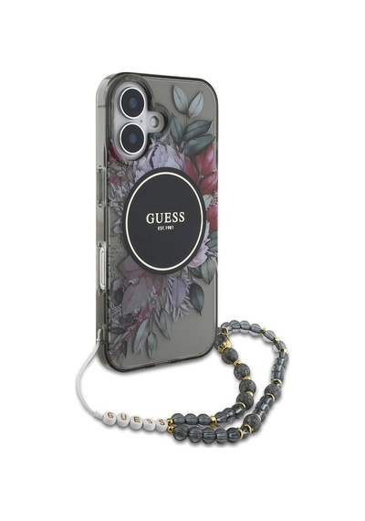 Apple iPhone 16 Uyumlu Kılıf Guess Lisans Magsafe Özellik Iml Baskılı Çiçek İnci Bileklikli Siyah