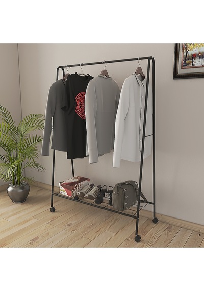 Metallica Concept Tekerlekli Oval Askılık Ayaklı Askılık Konfeksiyon Butik Askılık Siyah