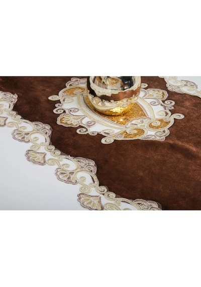 Aydan Aplikeli Güpürlü Kadife Kahverengi Salon Takımı 5 Parça 50 X 140 Cm 1451 Kahve