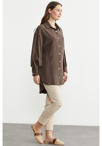 Sementa Tencel Arkası Uzun Oversize Gömlek - Kahve