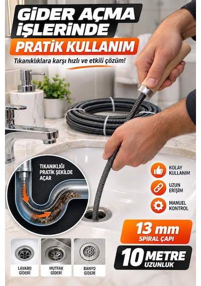 13 Mm 10 Metre Kanal Açıcı Spiral Ahşap Saplı Manuel Gider Açma Teli, Lavabo Ve Boru Temizleme S