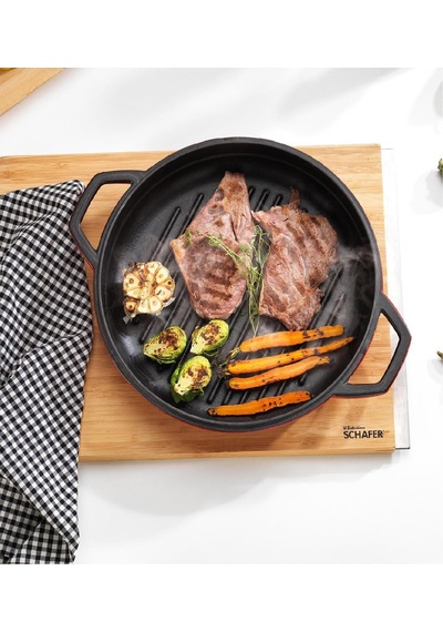 Schafer Guss Chef Döküm Yuvarlak Grill Tava Çift Kulplu 28cm-1 Parça Kırmızı