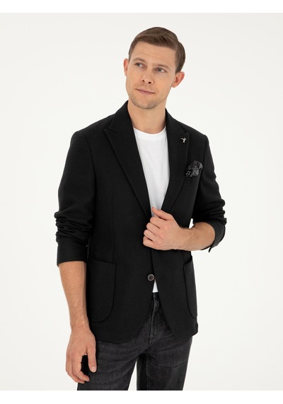 Cacharel Siyah Slim Fit Yün Karışımlı Blazer Ceket