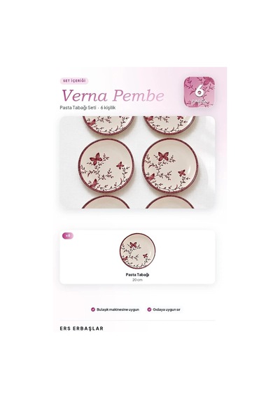 Verna Pembe 6'lı Pasta Tabağı Seti 20 Cm