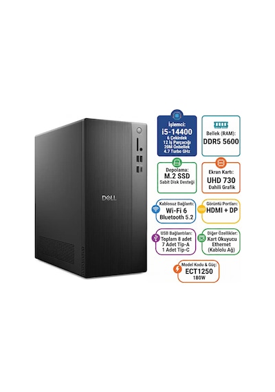 Dell Tower ECT1250-RPLSR003-U-003 i5-14400 16 GB 1 TB SSD Free Dos Masaüstü Bilgisayar