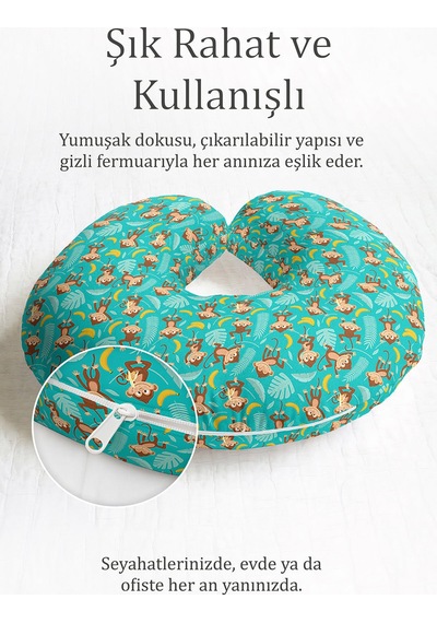 Maymun Figürlü Pamuklu Boyun Yastığı - Tropikal Desenli Turkuaz Sarı Seyahat Yastığı Canlı Göl Kil