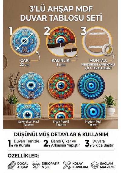 3'lü Yuvarlak Nazar Boncuklu Tablo Seti Kristal Taş Görünümlü Salon Duvar Tablosu Ahşap