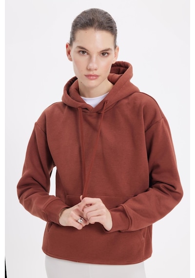 Tudors Kadın Oversize Geniş Kesim Pamuklu Yumuşak Dokulu İçi Polarlı Basic Kahverengi Kapüşonlu Sweatshirt-42082 Kahverengi