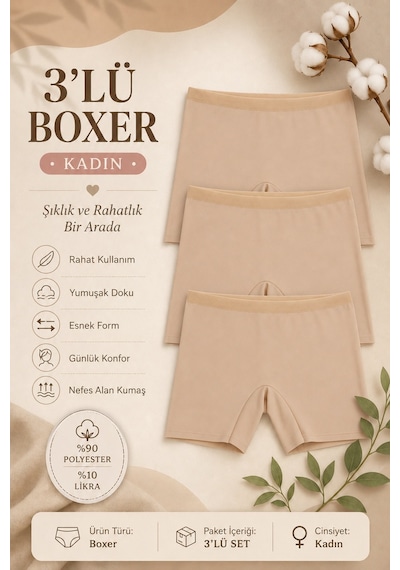 Nicoletta Kadın Lazer Kesim Dikişsiz Kadın Boxer Külot 3 Lü Ten