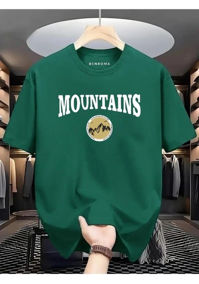 Mountaıns Baskılı Oversize Tişört Yeşil