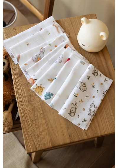 Lizayn Home Pamuklu Müslin 10'lu Karışık Desen Bebek Ağız Mendili Çift Taraflı Açık Sarı
