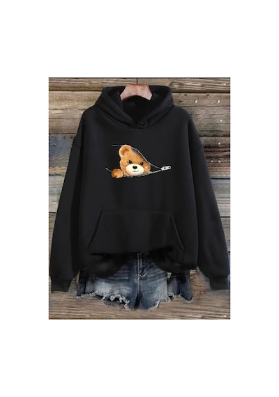 Medinenur Fermuar Desenli Kedili Kapüşonlu Oversize Sweatshirt Siyah