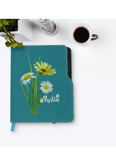 Kişiye Özel Papatya Temalı Turkuaz Termo Deri Defter-11