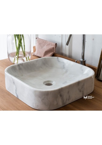 Afyon Beyaz Mermer Oval Dizayn Kare Lavabo