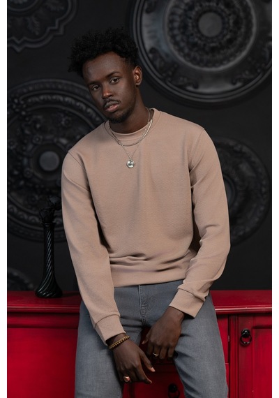 Dorss Regular Fit Armürlü Bisiklet Yaka Likralı Mevsimlik Sweatshirt Kahverengi