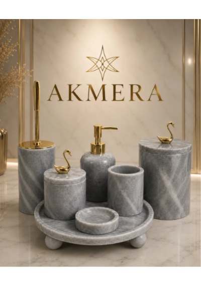 Lüks Gri Mermer Top Ayaklı 7 Parça Banyo Seti Altın - Gri