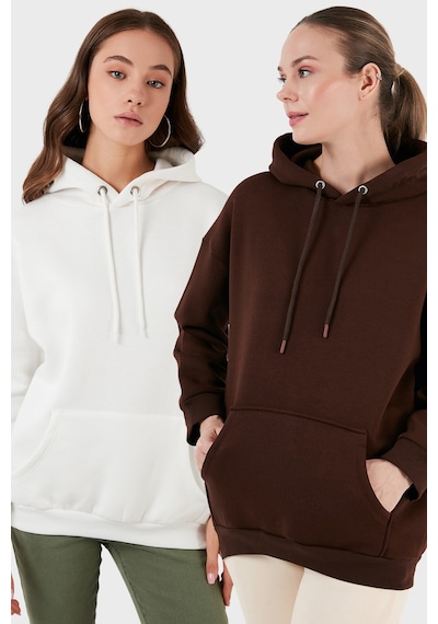 Lela Regular Fit Pamuklu Kapüşonlu Yaka Şardonlu Kışlık 2'Li Paket Bayan Sweat 5863854S2 Ekru-Kahve
