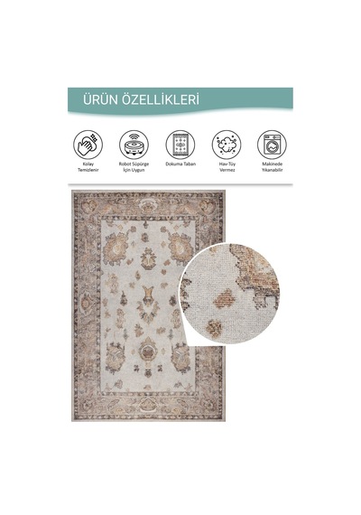 Artloop Relic Krem Vintage Dokulu Klasik Desenli Dokuma Tabanlı Şönil Halı Al 516