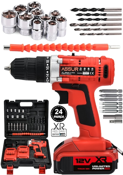 Assur ASR036 12V Çift Akülü Şarjlı Vidalama Kırmızı