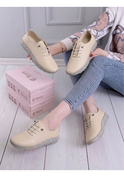 Beren Hakiki Deri Bej Kadın Ayakkabı Ortopedik Taban Düz Esnek Bağcıklı Comfort Casual Günlük Sneaker
