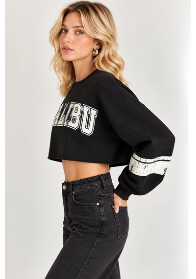 Mevese Malibu Baskılı Rahat Kesim Bisiklet Yaka Crop Sweatshirt- Siyah