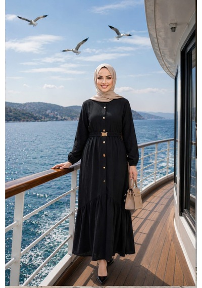 Hb Harma Time Butik Kadın Düğmeli Kemerli Çilek Kumaş Siyah Elbise Siyah Siyah